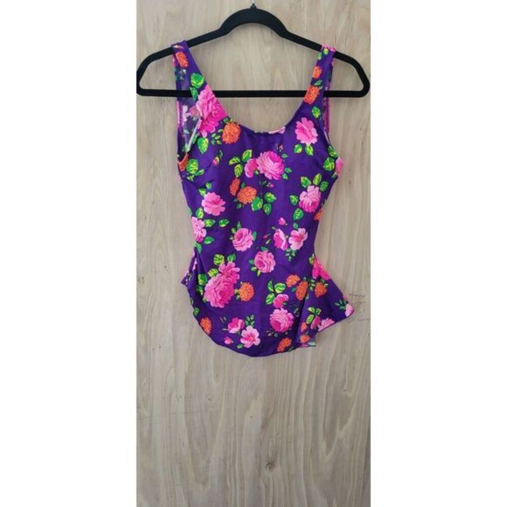 Vtg Marina Del Mar One Piece Swimsuit Purple pink bright colors floral 13/14